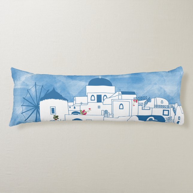 Blue & White Watercolor Santorini Greece Body Cushion (Front)