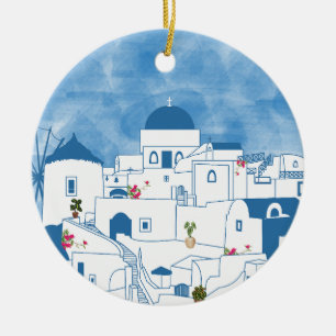 Blue & White Watercolor Santorini Greece Ceramic Tree Decoration