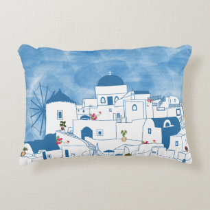 Blue & White Watercolor Santorini Greece Decorative Cushion