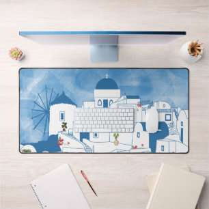 Blue & White Watercolor Santorini Greece Desk Mat