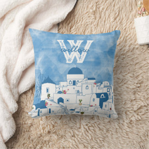 Blue & White Watercolor Santorini Greece Monogram Cushion