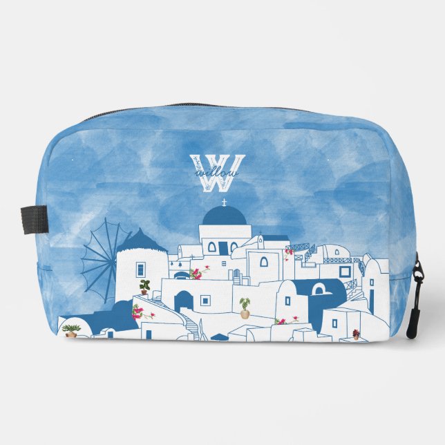Blue & White Watercolor Santorini Greece Monogram Dopp Kit (Front)