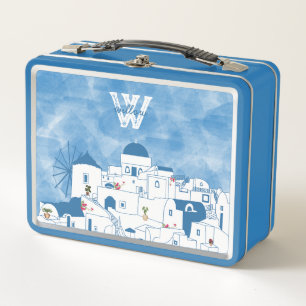 Blue & White Watercolor Santorini Greece Monogram Metal Lunch Box