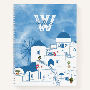Blue & White Watercolor Santorini Greece Monogram Notebook