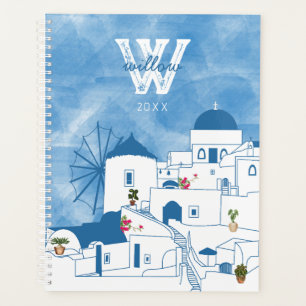 Blue & White Watercolor Santorini Greece Monogram Planner