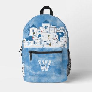 Blue & White Watercolor Santorini Greece Monogram Printed Backpack