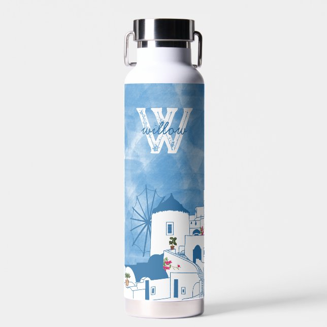 Blue & White Watercolor Santorini Greece Monogram Water Bottle (Front)