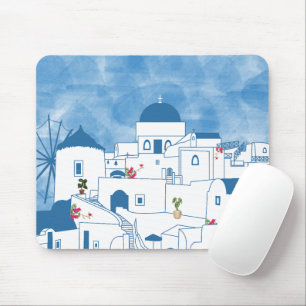 Blue & White Watercolor Santorini Greece Mouse Mat