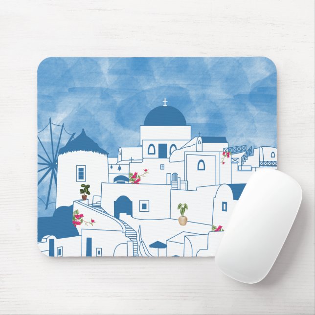 Blue & White Watercolor Santorini Greece Mouse Mat (With Mouse)