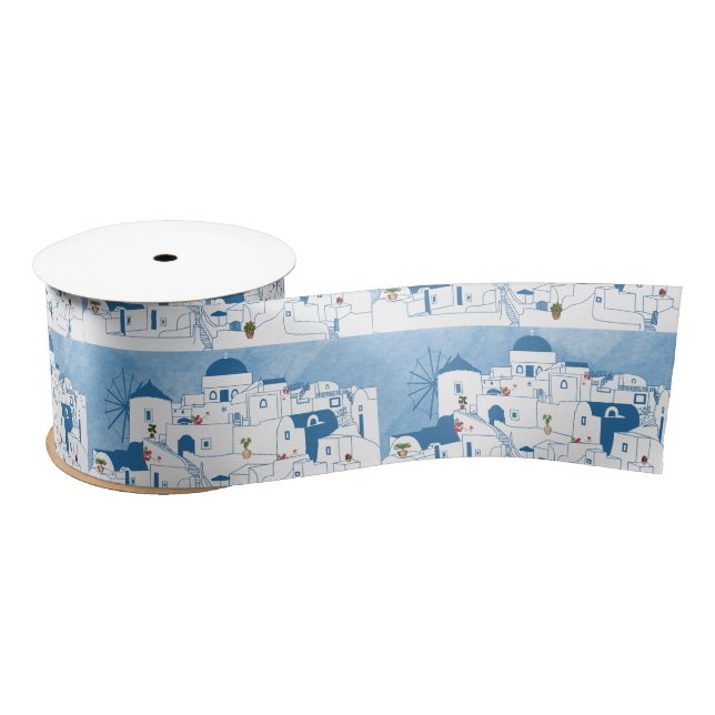 Blue & White Watercolor Santorini Greece Satin Ribbon (Spool)