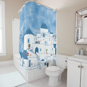 Blue & White Watercolor Santorini Greece Shower Curtain