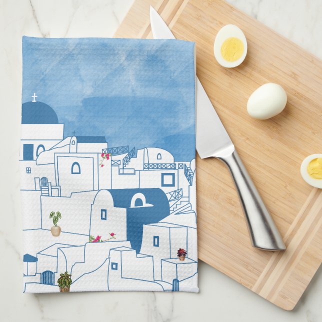Blue & White Watercolor Santorini Greece Tea Towel (Quarter Fold)