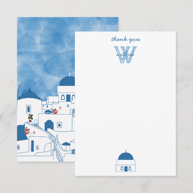 Blue & White Watercolor Santorini Greece Thank You Card (Front/Back)