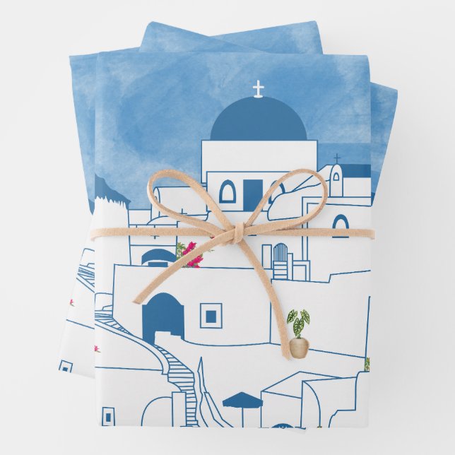 Blue & White Watercolor Santorini Greece Wrapping Paper Sheet (In situ)