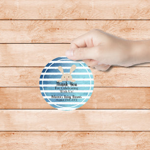 Blue White Watercolor Stripe Rabbit Baby Shower Classic Round Sticker