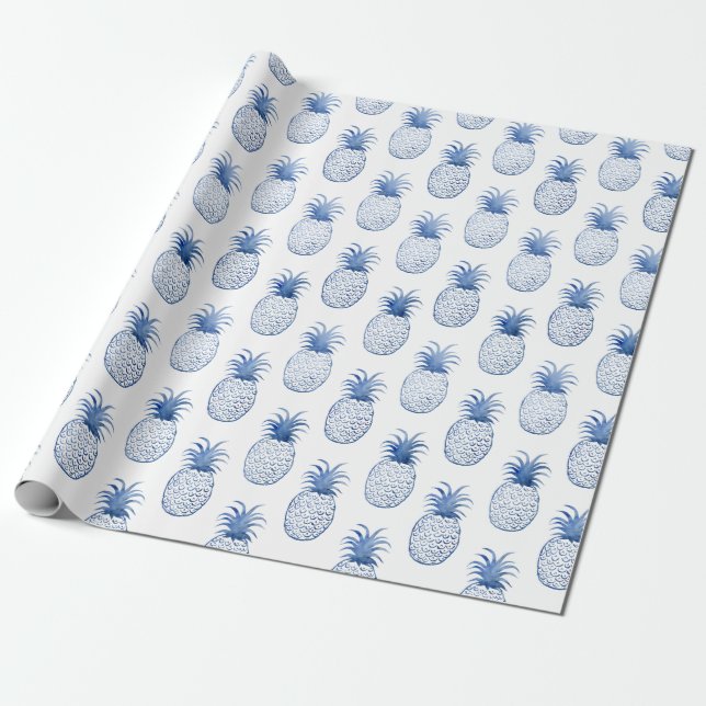 Blue White Watercolor Tropical Pineapple  Wrapping Paper (Unrolled)