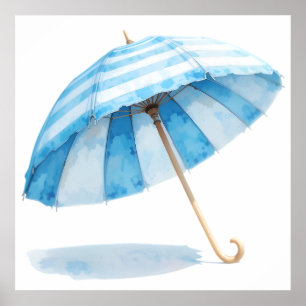 Blue & White Watercolor Umbrella – Ocean Nursery Poster