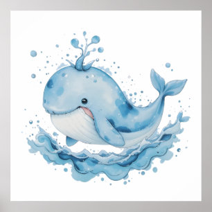 Blue & White Watercolor Whale – Ocean Nursery Wall Poster