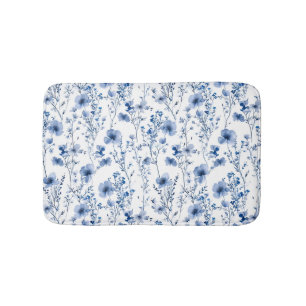 Blue White Watercolor Wildflower Floral Bath Mat
