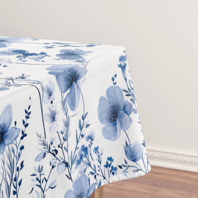 Blue White Watercolor Wildflower Floral Pattern Tablecloth (In Situ)