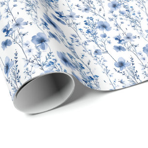 Blue White Watercolor Wildflower Floral Pattern Wrapping Paper
