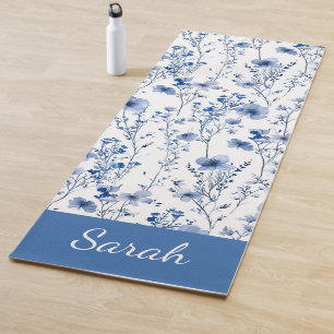 Blue White Watercolor Wildflowers Floral Name Yoga Mat