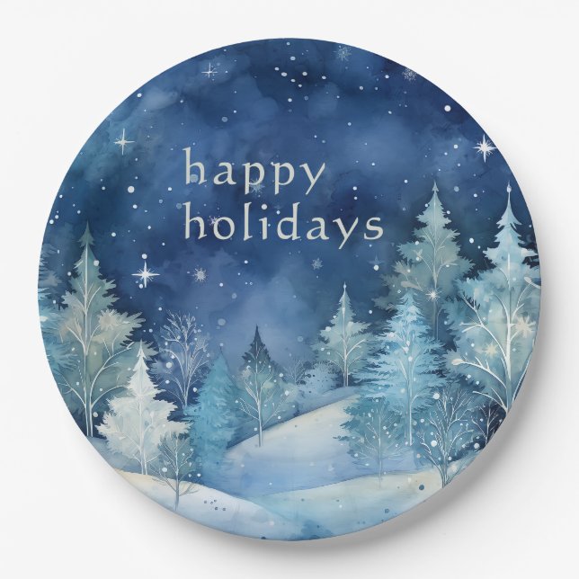 Blue & White Watercolor Winter Scenery Holiday Paper Plate (Front)