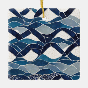 Blue White Wave Pattern 01 Ceramic Ornament