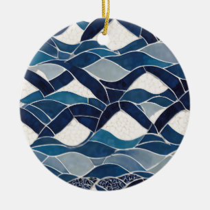 Blue White Wave Pattern 01 Ceramic Tree Decoration