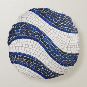 Blue White Wave Pattern 04 Round Cushion