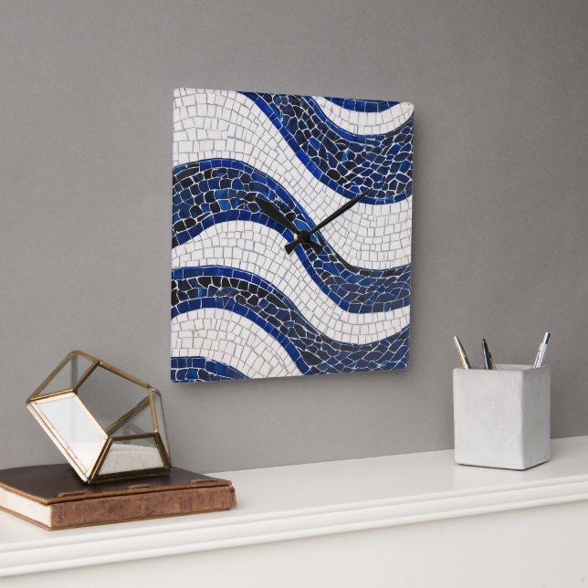 Blue White Wave Pattern 04 Square Wall Clock (Office)