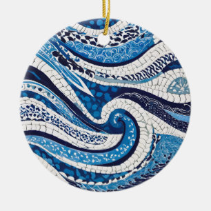 Blue White Wave Pattern 05 Ceramic Tree Decoration
