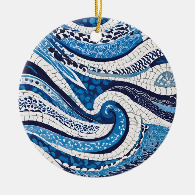 Blue White Wave Pattern 05 Ceramic Tree Decoration (Front)