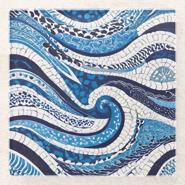 Blue White Wave Pattern 05 Glass Coaster (Front)