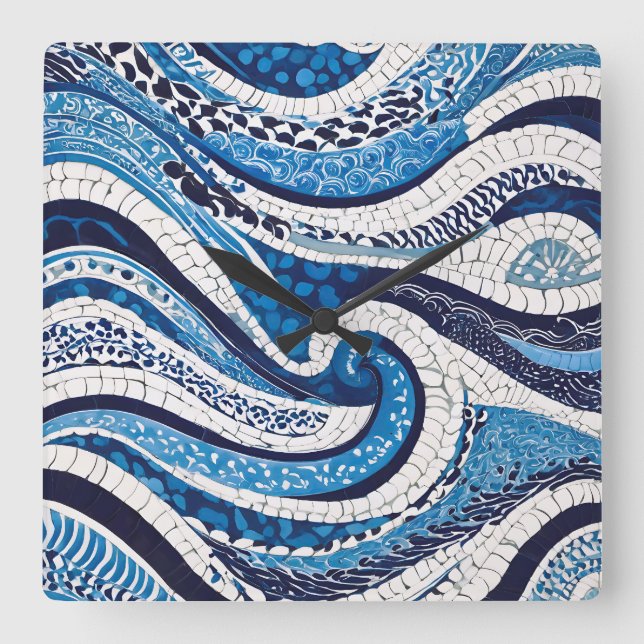 Blue White Wave Pattern 05 Square Wall Clock (Front)