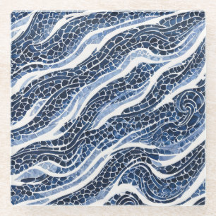 Blue White Wave Pattern 15 Glass Coaster