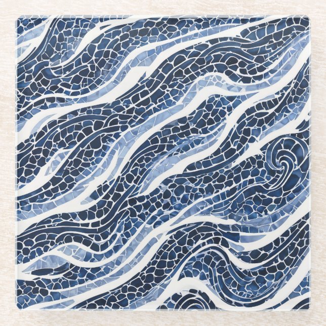 Blue White Wave Pattern 15 Glass Coaster (Front)
