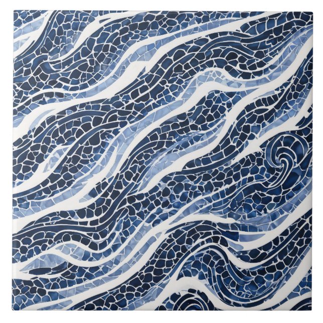 Blue White Wave Pattern 15 Tile (Front)