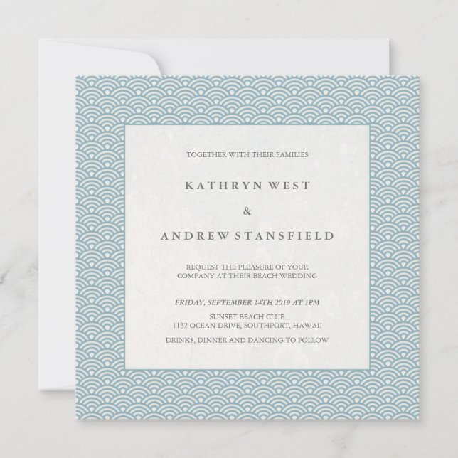 Blue + White Wave Pattern Beach Wedding Invitation (Front)