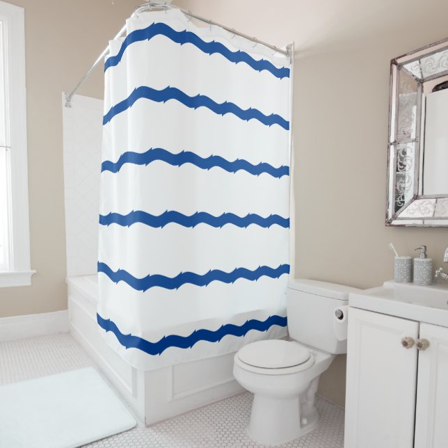 Blue white waves stripes nautical pattern shower curtain (In Situ)