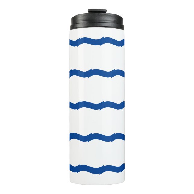 Blue white waves stripes nautical pattern thermal tumbler (Front)