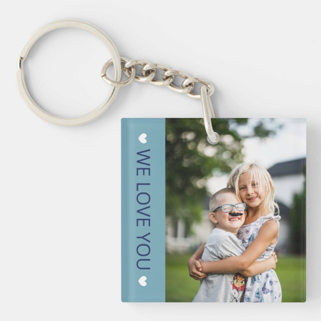 Blue & White We Love You Photo Keychain (Front)