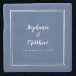 Blue White Wedding Bride & Groom Elegant Simple Stone Coaster<br><div class="desc">The newlyweds are certain to love this simple, minimalist and chic stone wedding coaster features a modern design with a double framed border in crisp white on a trendy classic blue background. This modern simple design provides timeless, classic sophistication. Personalise names of couple and event date in elegant white lettering...</div>