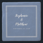 Blue White Wedding Bride & Groom Elegant Simple Stone Coaster<br><div class="desc">The newlyweds are certain to love this simple, minimalist and chic stone wedding coaster features a modern design with a double framed border in crisp white on a trendy classic blue background. This modern simple design provides timeless, classic sophistication. Personalise names of couple and event date in elegant white lettering...</div>