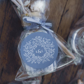 Blue white wedding hand drawn leaf monogram art classic round sticker