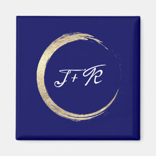 Blue White Wedding Monogram Gold Save The Date Magnet