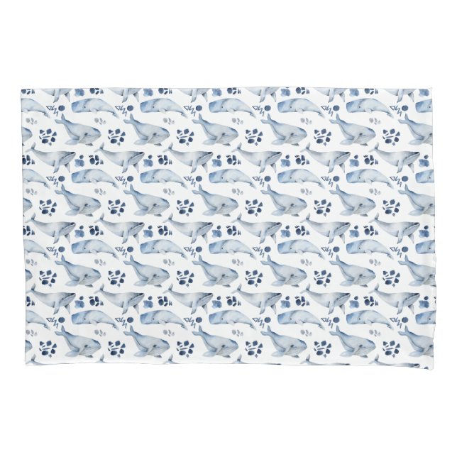Blue White Whale Ocean Pattern Nursery Pillowcase (Front)