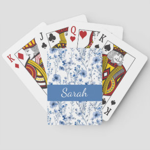 Blue White Wildflower Floral Monogram Name Playing Cards