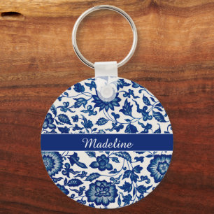 Blue White Wildflower French Country Chinoiserie Key Ring