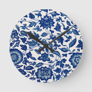 Blue White Wildflower French Country Chinoiserie Round Clock
